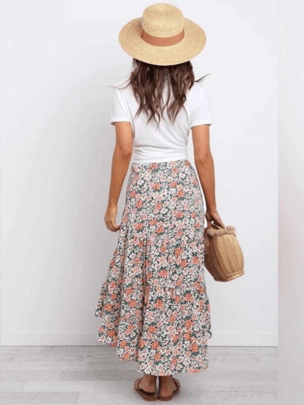 Pretty Garden Floral Daisy Ho-Low Hem Midi Skirt Elastic Waist Size L Colorful - Picture 2 of 14